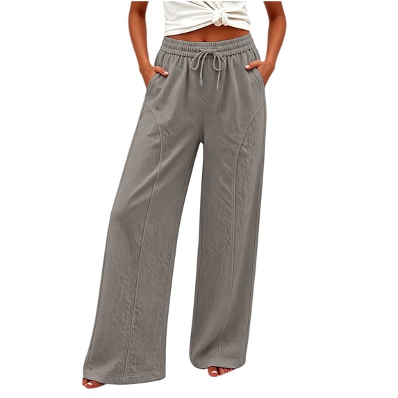 Womens Cotton Linen Pants Summer Solid Color Loose Straight Leg Drawstring Pants with Elastic Waist Flowy Wide Leg Beach Trousers with Pockets