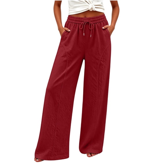 Womens Cotton Linen Pants Summer Solid Color Loose Straight Leg Drawstring Pants with Elastic Waist Flowy Wide Leg Beach Trousers with Pockets