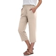 thumbnail image 1 of Womens Cotton Linen Pants Wide Leg Capris Elastic Waisted Casual Summer Beach Capri Pant with Pockets (M, Khaki), 1 of 8