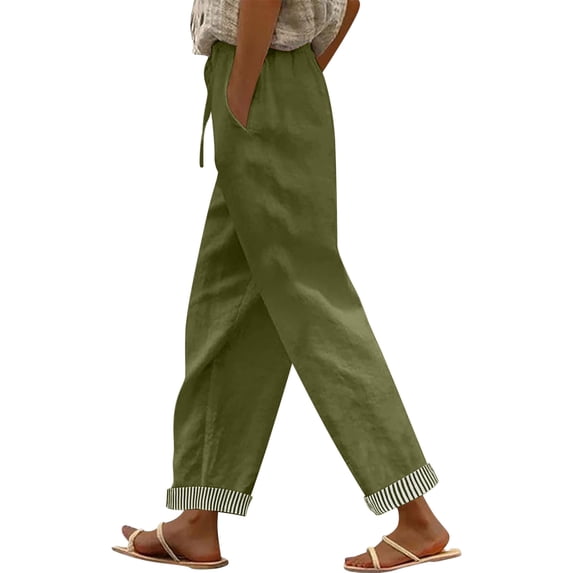 Womens Cotton Linen Pants Wide Leg High Waisted Drawstring Casual Loose Pants with Pockets Stripe Hem Army Green