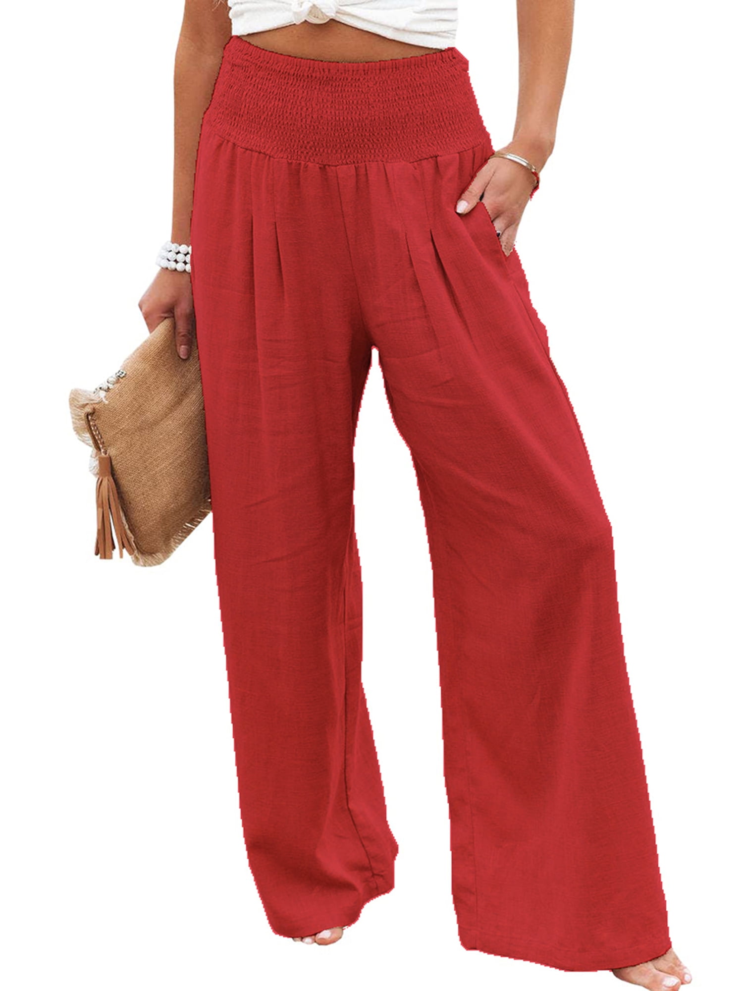 Womens Cotton Linen Pants Wide Leg High Waisted Palazzo Lounge Trousers Elastic Summer Beach