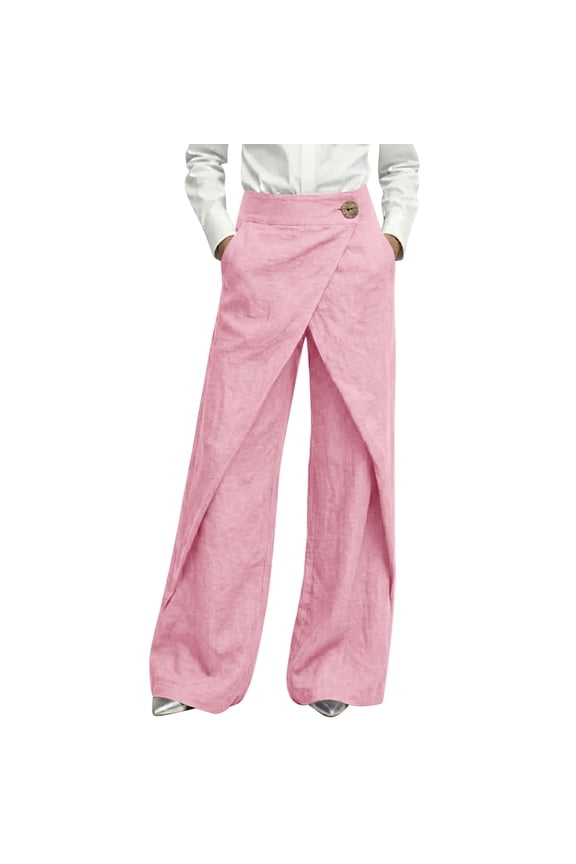 Womens Cotton Linen Pants Wrap Front Wide Leg High Waisted Straight Business Casual Button Trousers with Pockets