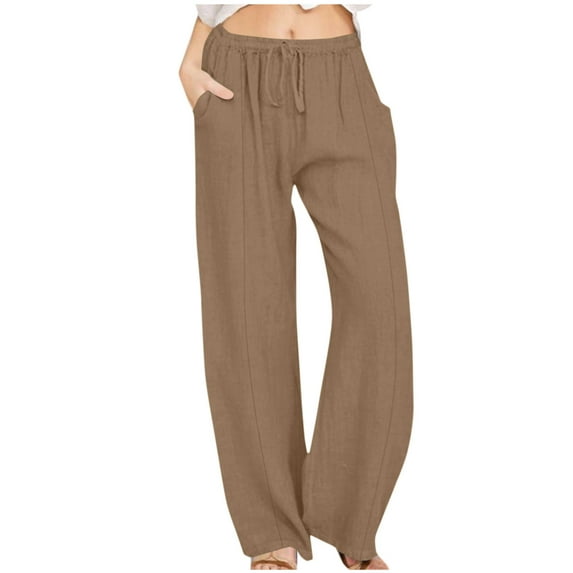 Womens Cotton Linen Pants with Pockets Drawsting Wide Leg Athletic Pants Casual Loose Sweatpants for Women