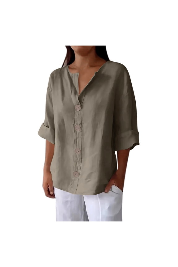 Womens Cotton Linen Plus Size Tops, 3/4 Sleeve Shirts for Women Fall Summer Casual Solid Color Notch V Neck Button Down Dressy Blouses