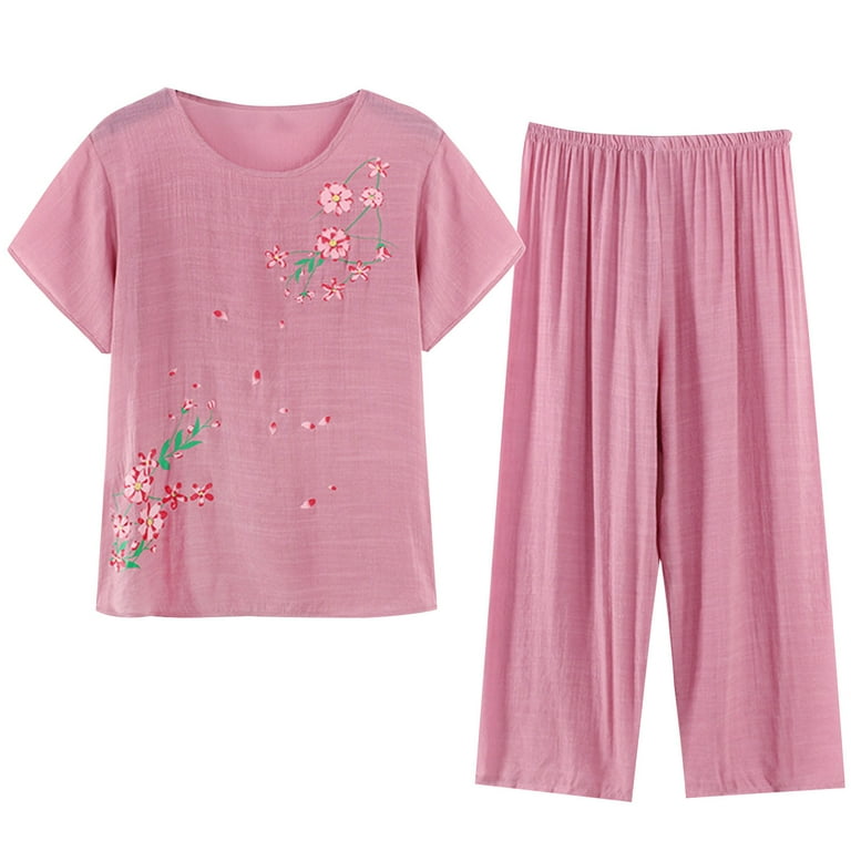 Womens Cotton Linen Pyjamas Two Piece Set Summer Nightwear Lightweight Breathable Pyjamas For Women Short Sleeved Pjs Set 2 Piece Lounge Set Loungewear Leisure Suit Vintage Printed Walmart