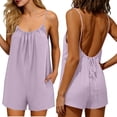 thumbnail image 1 of Womens Cotton Linen Rompers Summer Casual Loose Backless Sleeveless Overalls Spaghetti Strap Shorts Jumpsuit with Pockets, 1 of 6