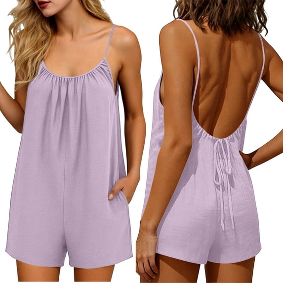 Womens Cotton Linen Rompers Summer Casual Loose Backless Sleeveless Overalls Spaghetti Strap Shorts Jumpsuit with Pockets