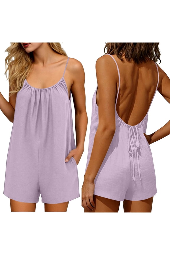 Womens Cotton Linen Rompers Summer Casual Loose Backless Sleeveless Overalls Spaghetti Strap Shorts Jumpsuit with Pockets