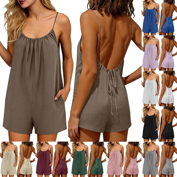 Womens Cotton Linen Rompers Summer Casual Loose Backless Sleeveless Overalls Spaghetti Strap Shorts Jumpsuit with Pockets