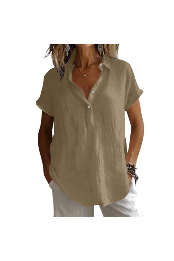 Womens Cotton Linen SUmmer Tops, Short Sleeve Shirts for Women Casual Lightweight Button Down V Neck Dressy Blouses Mothers Day Gifts