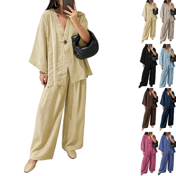 Womens Cotton Linen Sets 2 Piece Oversized V-neck Loose Top and Wide Leg Pants Sets Casual Vacation Outfits Beige M