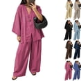 thumbnail image 1 of Womens Cotton Linen Sets 2 Piece Oversized V-neck Loose Top and Wide Leg Pants Sets Casual Vacation Outfits Hot Pink M, 1 of 6