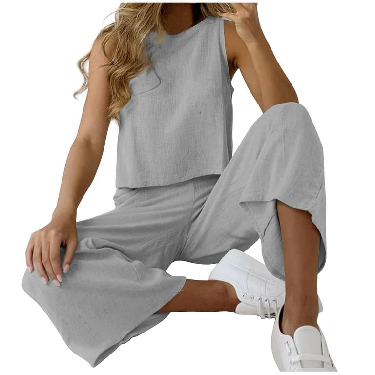 Womens Cotton Linen Sets Crop Tank Tops Wide Leg Capri Pants Two Piece  Outfits for Women Summer Solid Lounge Set (Medium, Gray) 