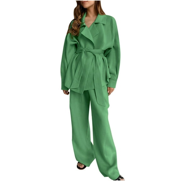 Womens Cotton Linen Sets Loose Belted Blazer Shirts and Wide Leg Long Pants 2 Piece Business Vacation Outfits (Green L)