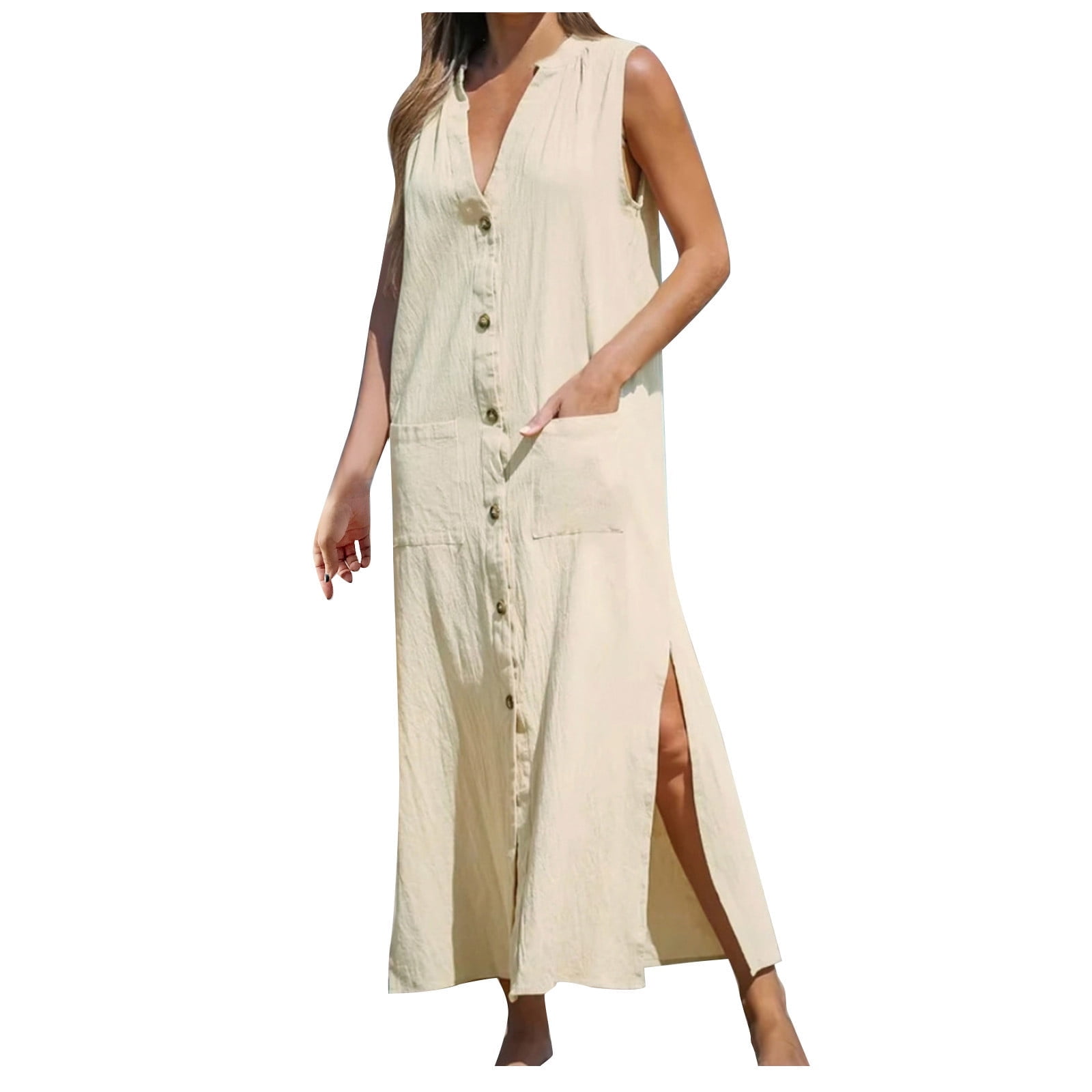 Cotton Linen Spring Fall Casual Shirt Dresses For Women