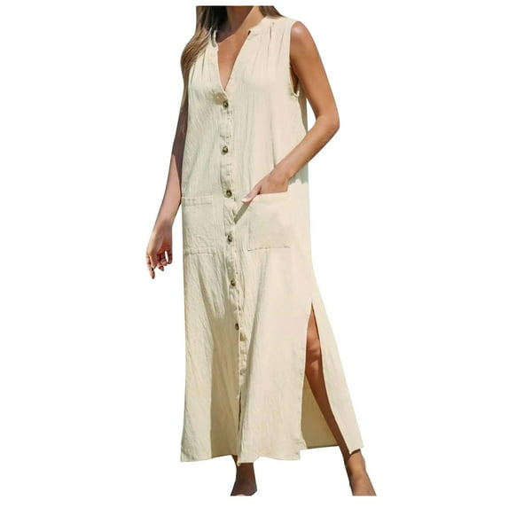 Womens Cotton Linen Shirt Dress Elegant Casual Summer Spring Button Down Front Sleeveless Maxi Dress Long Cardigan Cover Ups Shirt Dresses