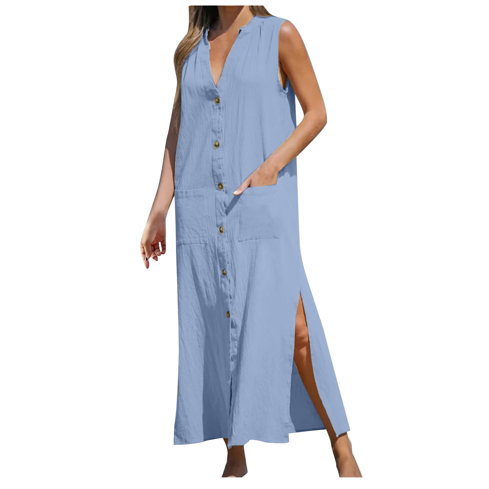 Womens Cotton Linen Shirt Dress Elegant Casual Summer Spring Button Down  Front Sleeveless Maxi Dress Long Cardigan Cover Ups Shirt Dresses -  Walmart.com