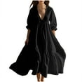 thumbnail image 1 of Womens Cotton Linen Shirt Dress Summer Solid Color Sleeveless Round Neck Dress Casual Long Dresses D-Black, 1 of 6