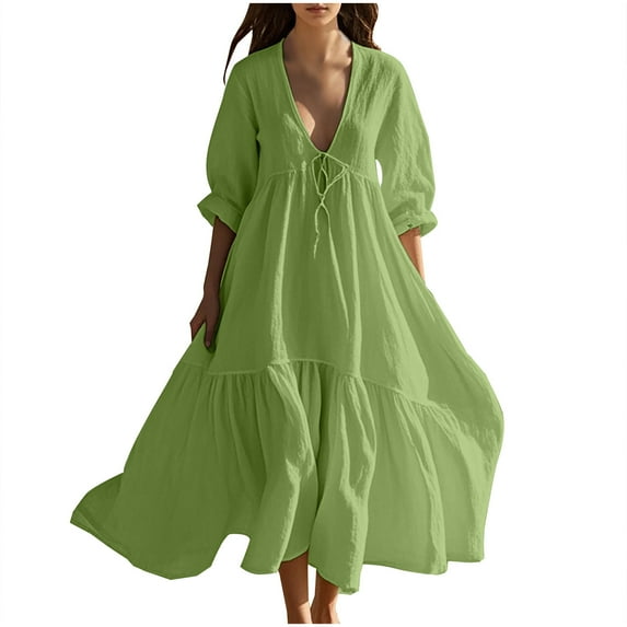 Womens Cotton Linen Shirt Dress Summer Solid Color Sleeveless Round Neck Dress Casual Long Dresses D-Green