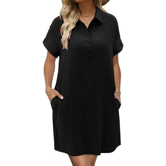Womens Cotton Linen Shirt Dress V Neck Short Sleeve Button Down Beach Cover Up Shirts Lapel Tunic Tee Plain Oversize Outfits With Pockets