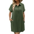 thumbnail image 1 of Womens Cotton Linen Shirt Dress V Neck Short Sleeve Button Down Beach Cover Up Shirts Lapel Tunic Tee Plain Oversize Outfits With Pockets, 1 of 5