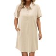 thumbnail image 1 of Womens Cotton Linen Shirt Dress V Neck Short Sleeve Button Down Beach Cover Up Shirts Lapel Tunic Tee Plain Oversize Outfits With Pockets, 1 of 5