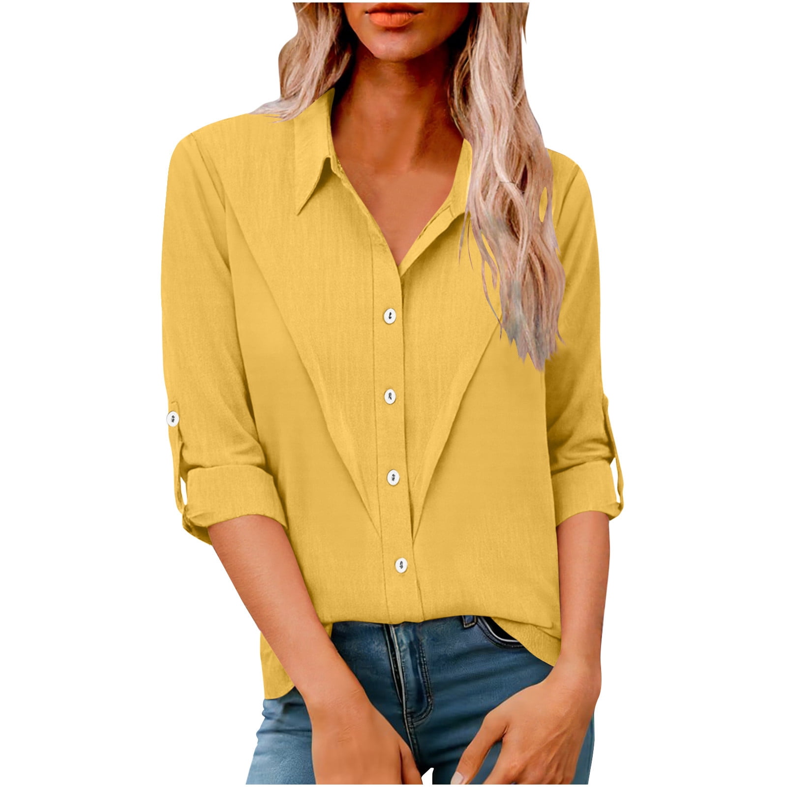 Womens Cotton Linen Shirt Long Sleeve Button Down Collared Blouses ...