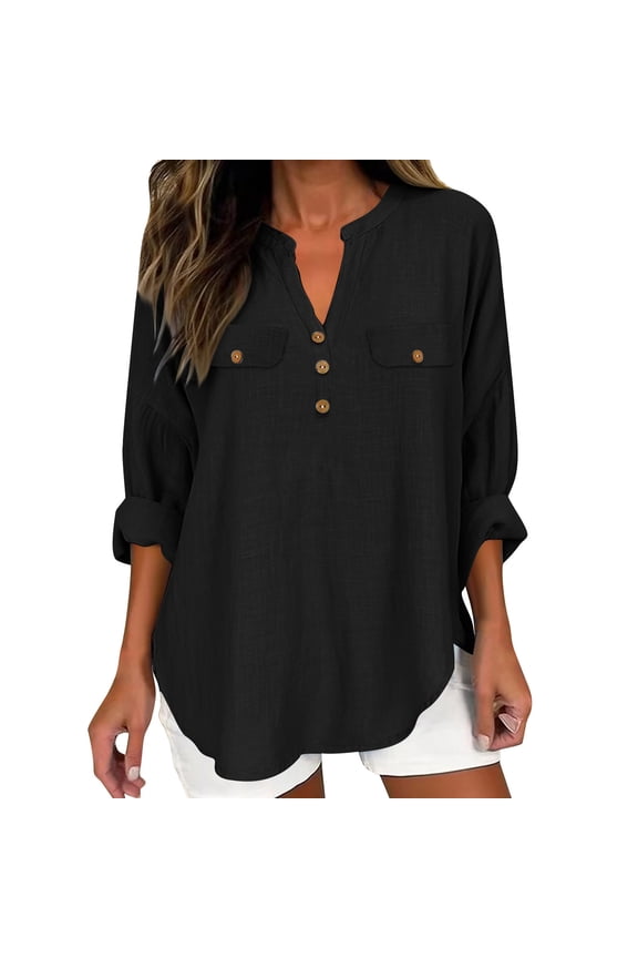 Womens Cotton Linen Shirts Button Up V Neck Blouses Summer Spring Roll-Up Long Sleeve Tunic Tops Curved Hem Oversized T-Shirts