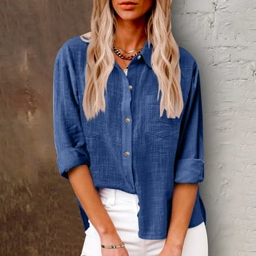 Womens Cotton Linen Shirts Casual Plus Size S-5X Long Sleeve Button-Down Collar Blouses with Pocket Solid Loose Comfort Work Tops T-Shirts Clearance