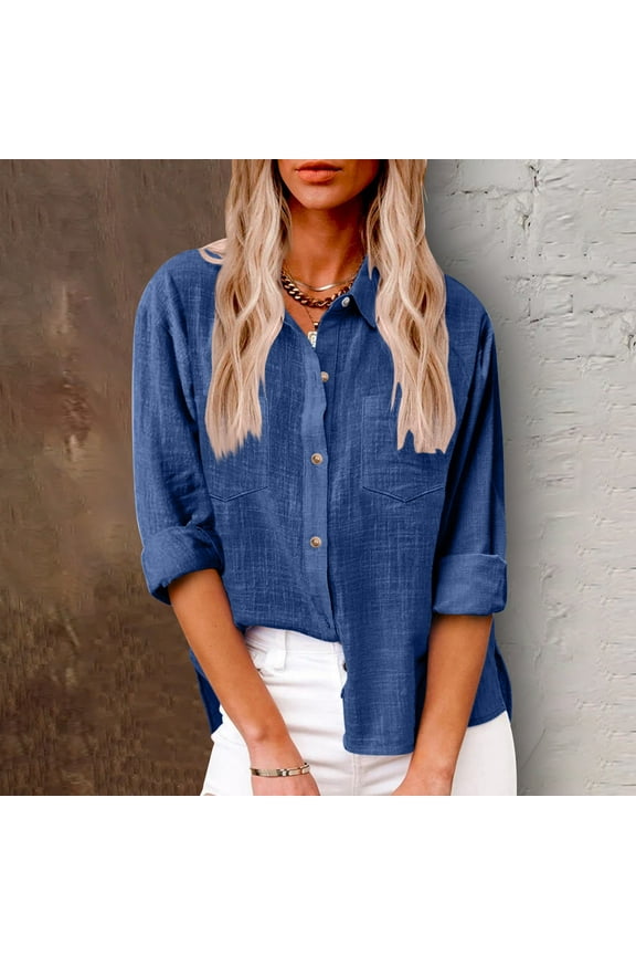 Womens Cotton Linen Shirts Casual Plus Size S-5X Long Sleeve Button-Down Collar Blouses with Pocket Solid Loose Comfort Work Tops T-Shirts