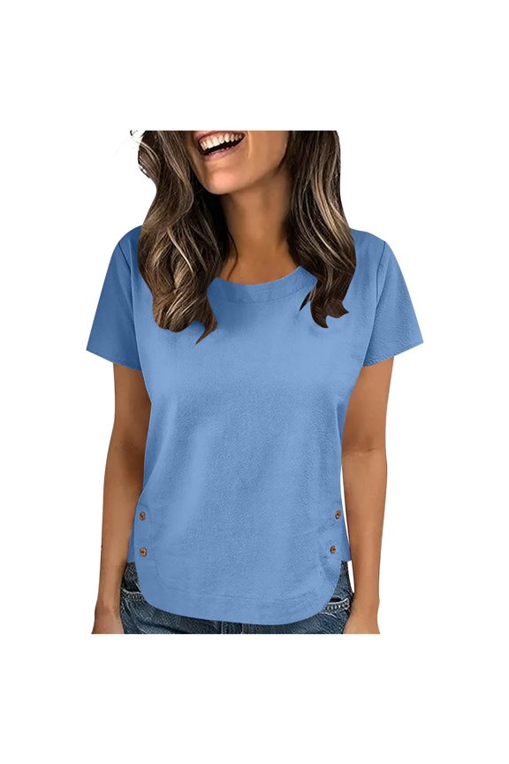 Womens Cotton Linen Shirts Crew Neck Short Sleeve Blouses Loose Button Down Shirt Side Slit Casual Comfort Work Tops Blue S