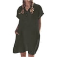 thumbnail image 1 of Womens Cotton Linen Shirts Dresses Casual Short Sleeve Button Lapel V-Neck Lightweight Loose Solid Pullover Basic Knee Length Dress with Pockets, 1 of 8