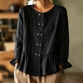 thumbnail image 1 of Womens Cotton Linen Shirts Long Sleeve Button Down Crewneck Ruffled Blouses Trendy Casual Loose Cute Comfy Tops, 1 of 5
