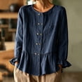 thumbnail image 1 of Womens Cotton Linen Shirts Long Sleeve Button Down Crewneck Ruffled Blouses Trendy Casual Loose Cute Comfy Tops, 1 of 6