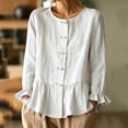 thumbnail image 1 of Womens Cotton Linen Shirts Long Sleeve Button Down Crewneck Ruffled Blouses Trendy Casual Loose Cute Comfy Tops, 1 of 6