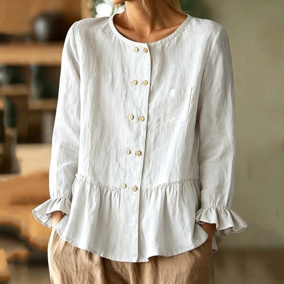 Womens Cotton Linen Shirts Long Sleeve Button Down Crewneck Ruffled Blouses Trendy Casual Loose Cute Comfy Tops