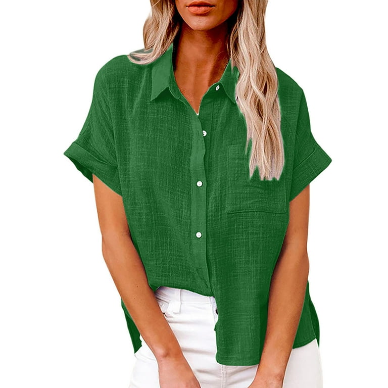 Womens Cotton Linen Shirts Plus Size Button Lapel V Neck Short Sleeve Summer Tops for Women Lightweight Blouse 4X Large Green1 Walmart