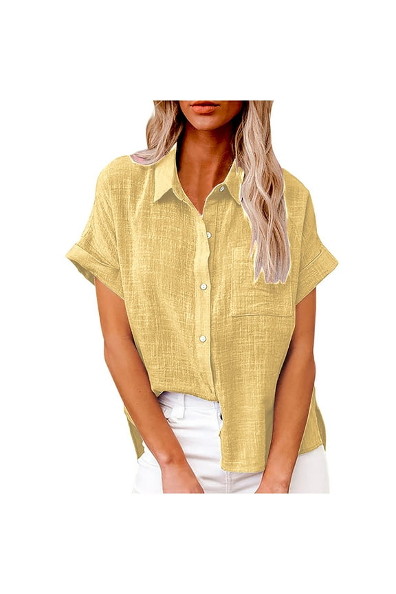 Womens Cotton Linen Shirts Plus Size Button Lapel V Neck Short Sleeve Summer Tops for Women Lightweight Blouse (Small, Yellow)
