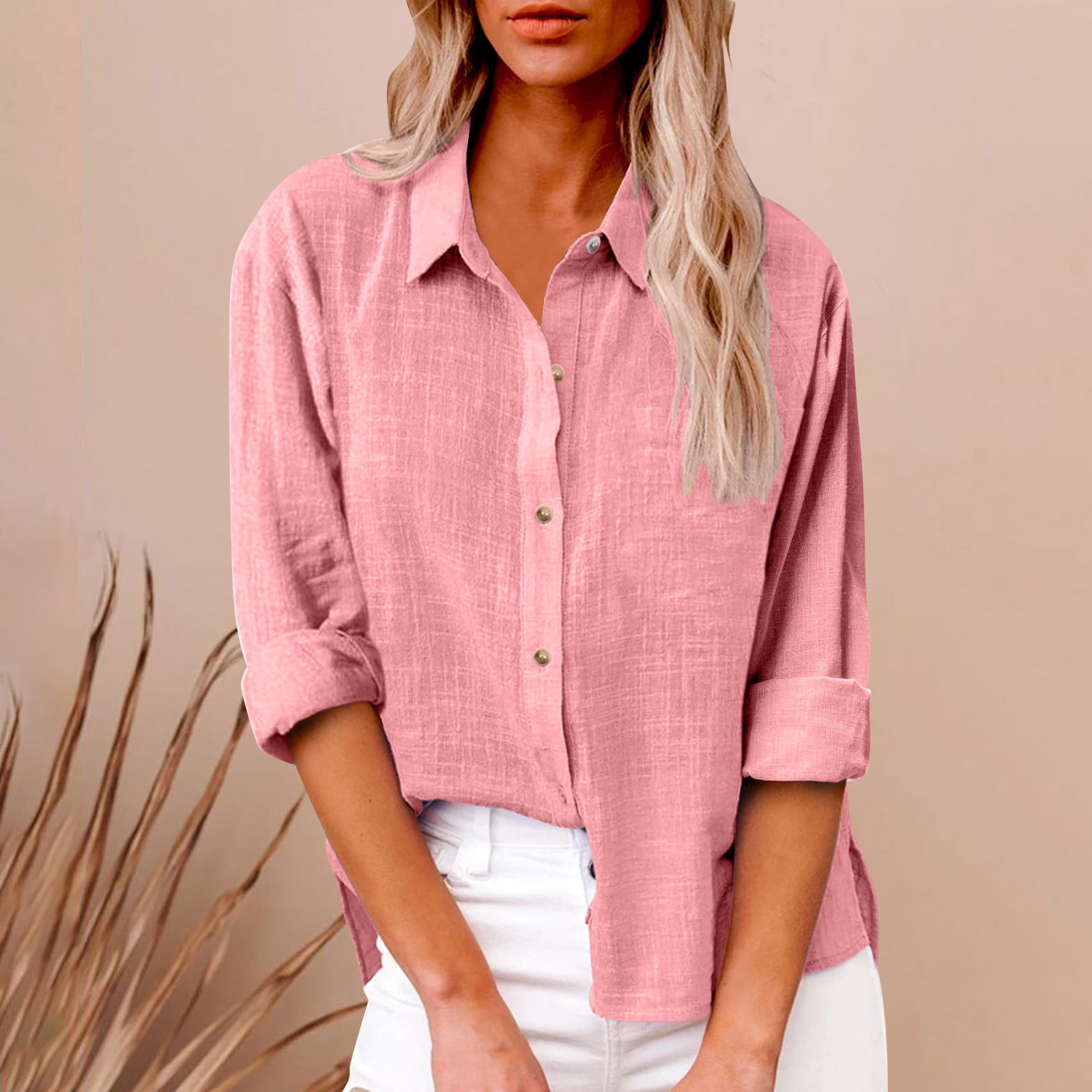 Womens Cotton Linen Shirts Plus Size S-5X Casual Long Sleeve Button Up ...