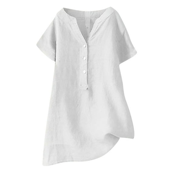 Womens Cotton Linen Shirts Plus Size Short Sleeve V Neck Solid Blouse Tees Oversized Casual Drop Shoulder Longline T-Shirts Loose Comfy Flare and Flowy Henley Tops for Summer