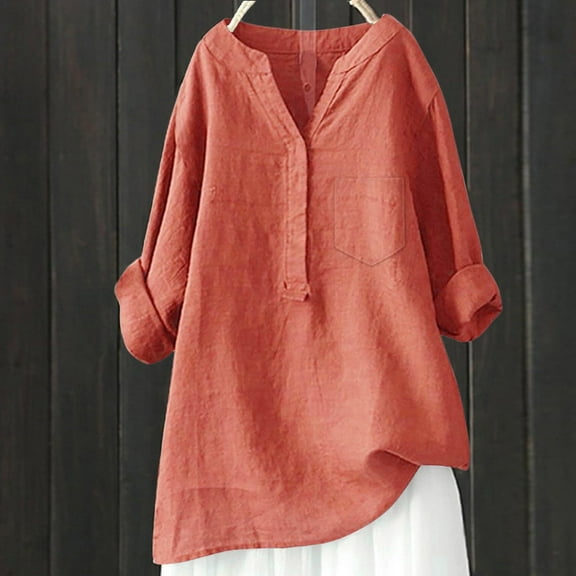 Womens Cotton Linen Shirts Solid 3/4 Sleeve Summer Vacation Tunic Tops Oversized Tshirts Casual V Neck Blouses Orange