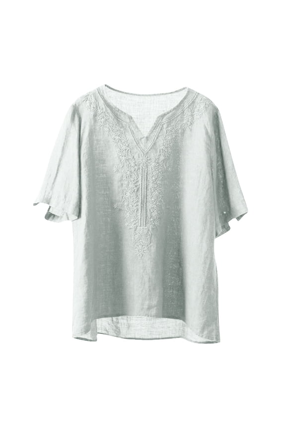 Womens Cotton Linen Shirts Summer Boho Retro Embroidered Tops V-Neck Short Sleeve Dressy Casual Blouses Loose Tunic