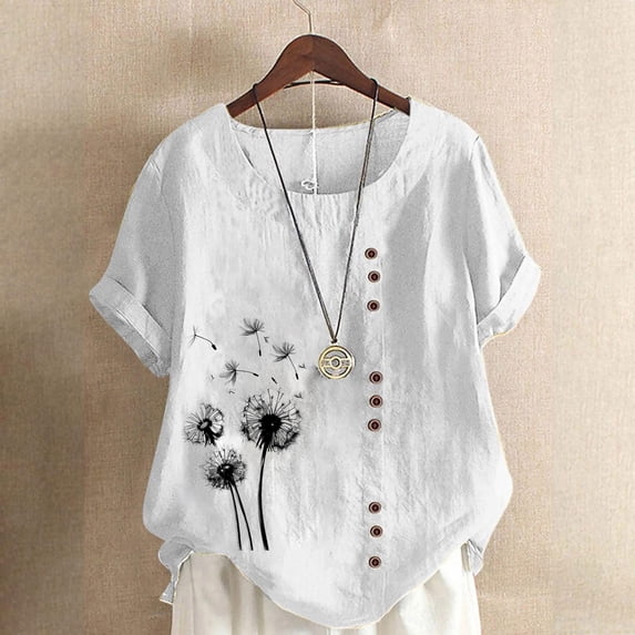 Womens Cotton Linen Shirts Summer Casual Boho Floral Short Sleeve Blouse Oversized Loose Ladies Tunic Tops