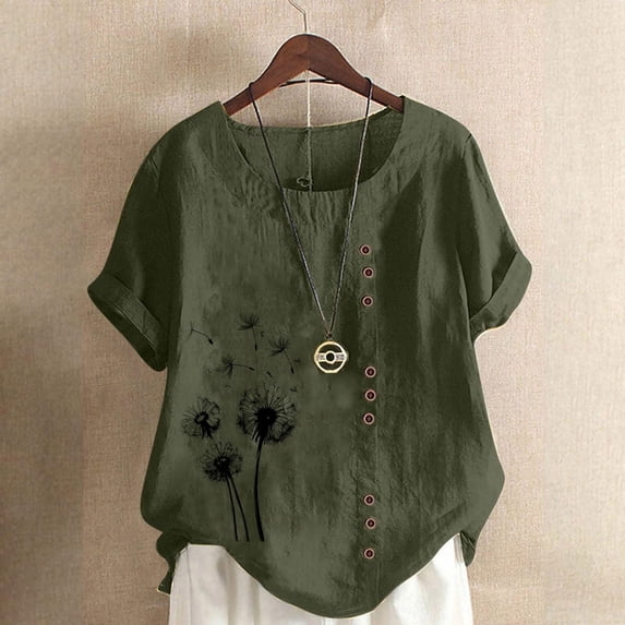 Womens Cotton Linen Shirts Summer Casual Boho Floral Short Sleeve Blouse Oversized Loose Ladies Tunic Tops