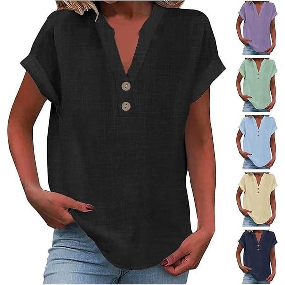 Womens Cotton Linen Shirts Summer Trendy Short Sleeve V-Neck Blouses Solid Color Comfy Shirt Casual Tunic Boho Tops Vintage Beach Blouse Travel Clothes