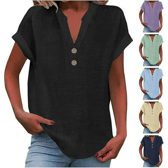 Womens Cotton Linen Shirts Summer Trendy Short Sleeve V-Neck Blouses Solid Color Comfy Shirt Casual Tunic Boho Tops Vintage Beach Blouse Travel Clothes