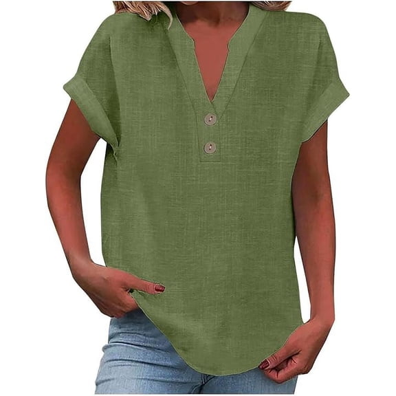 Womens Cotton Linen Shirts Summer Trendy Short Sleeve V-Neck Blouses Solid Color Comfy Shirt Casual Tunic Boho Tops Vintage Beach Blouse Travel Clothes