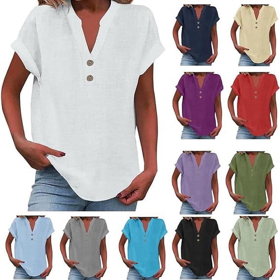 Womens Cotton Linen Shirts Summer Trendy Short Sleeve V-Neck Blouses Solid Color Comfy Shirt Casual Tunic Boho Tops Vintage Beach Blouse Travel Clothes