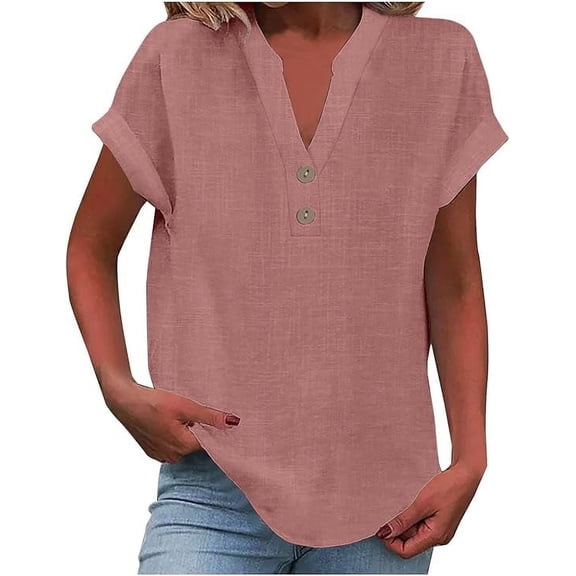 Womens Cotton Linen Shirts Summer Trendy Short Sleeve V-Neck Blouses Solid Color Comfy Shirt Casual Tunic Boho Tops Vintage Beach Blouse Travel Clothes