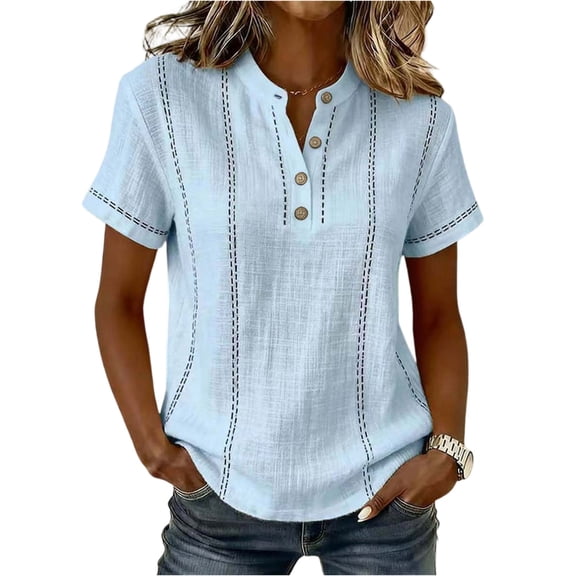 Womens Cotton Linen Shirts Summer Trendy Short Sleeve V-Neck Tops Button Down Tees Casual Clothes 2026